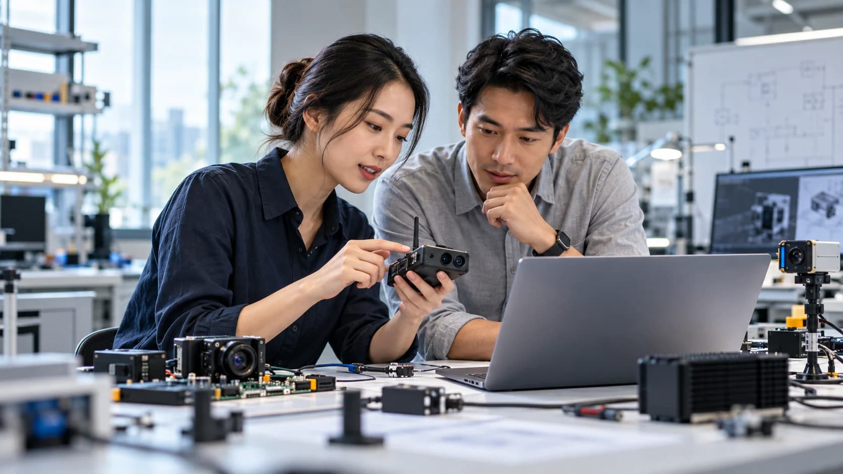Minh họa hai kỹ sư cùng trao đổi về thiết bị kết nối trong phòng lab