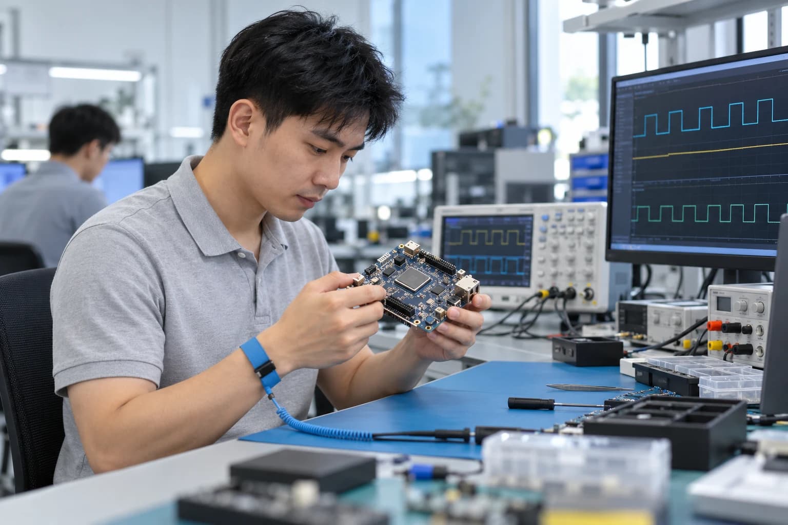 Hình minh họa kỹ sư kiểm tra bo mạch FPGA trong phòng lab điện tử