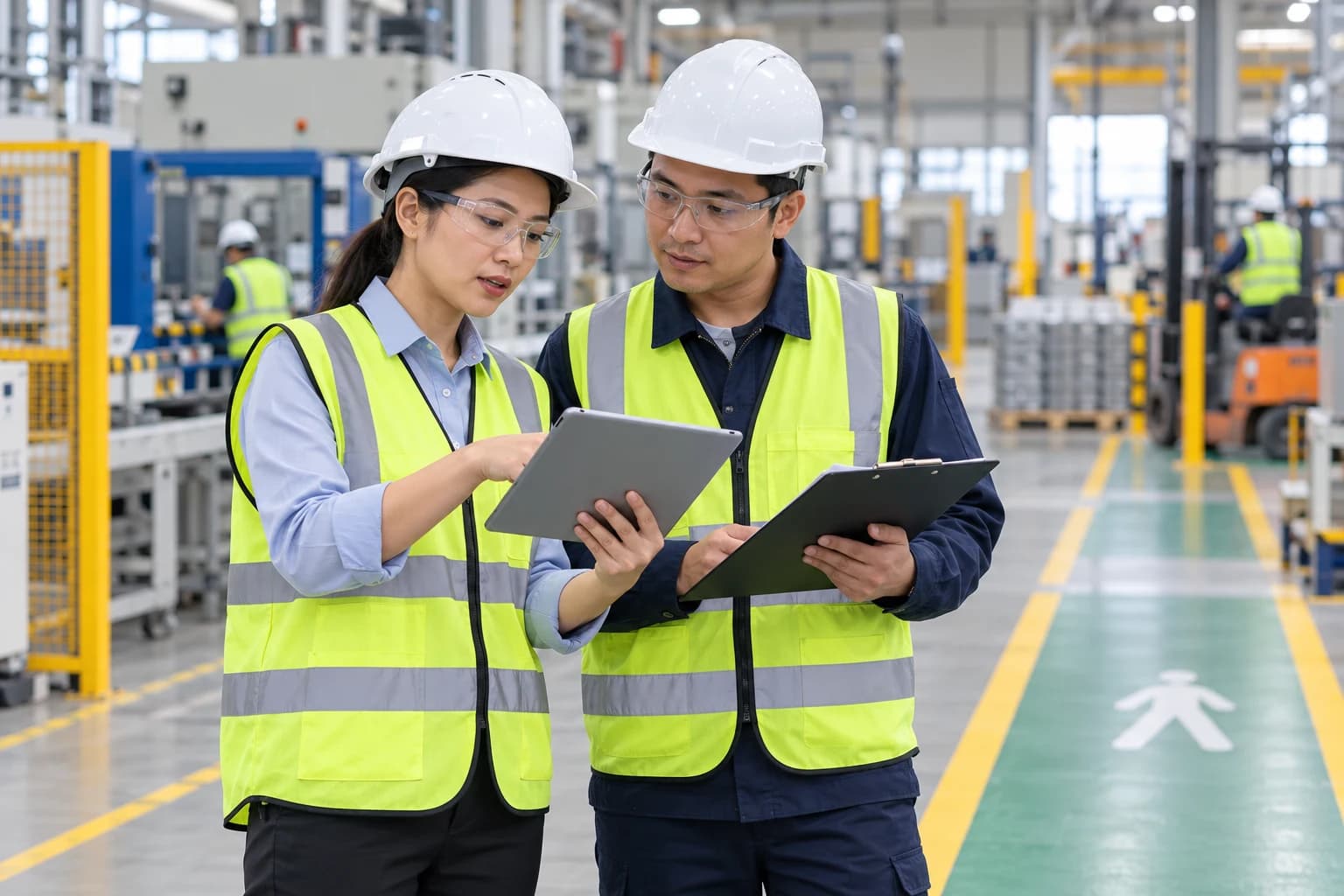 Hai cán bộ an toàn và vận hành xem dữ liệu trên tablet trong nhà máy, hình minh họa