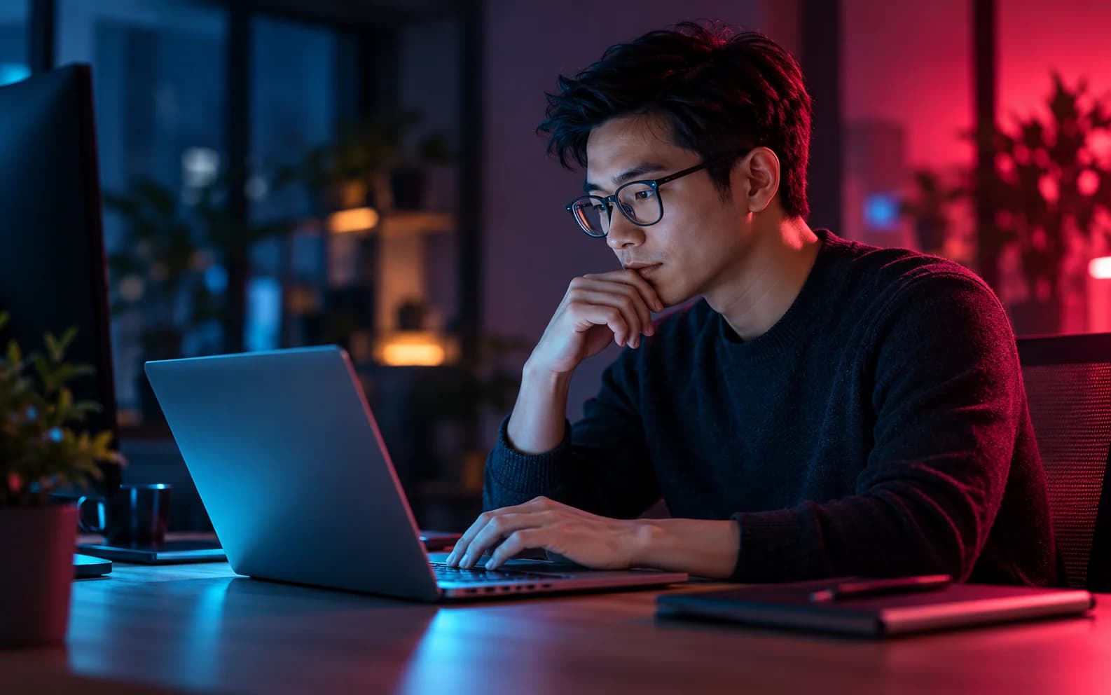 Chuyên gia phần mềm làm việc trong không gian ánh sáng cyan và magenta